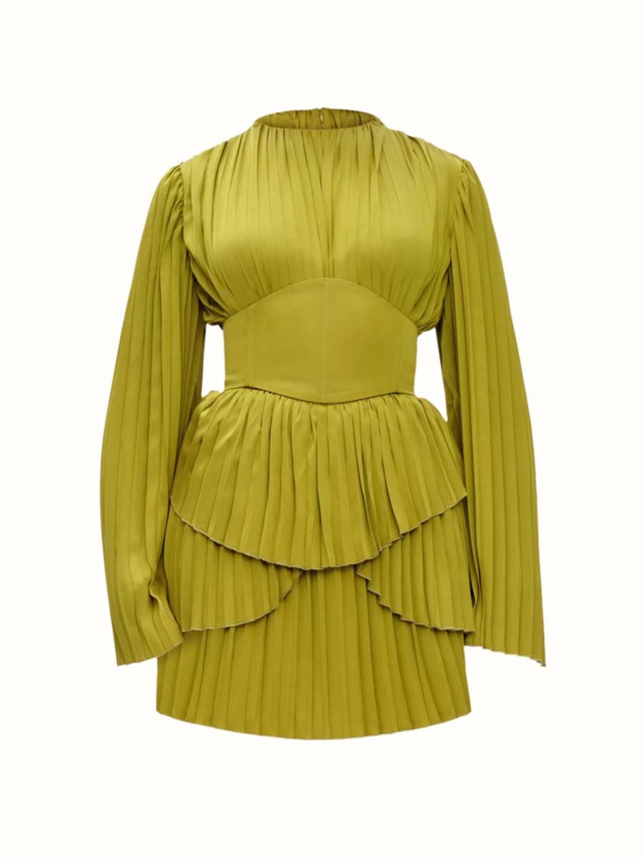 Elegant Long Sleeve Pleated Mini Dress