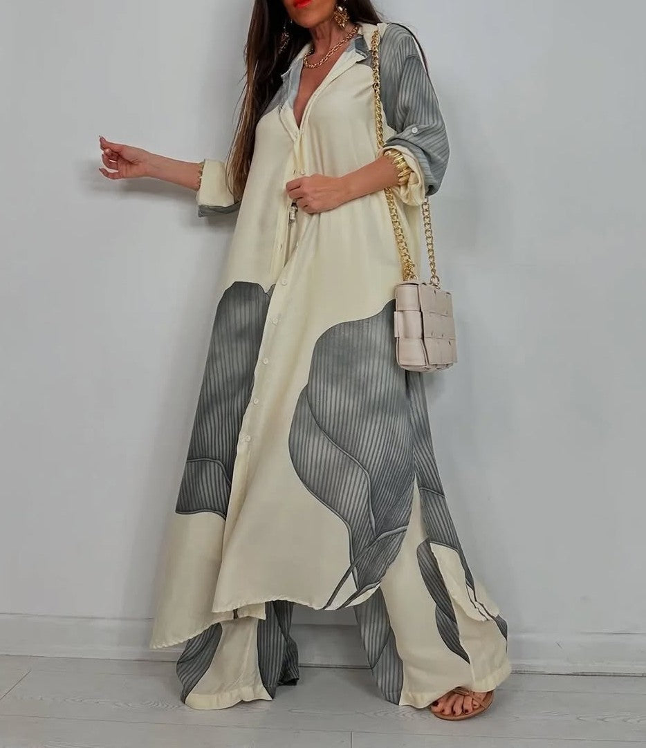V-neck Patchwork Printed Top and Pants Commuting Casual Suit