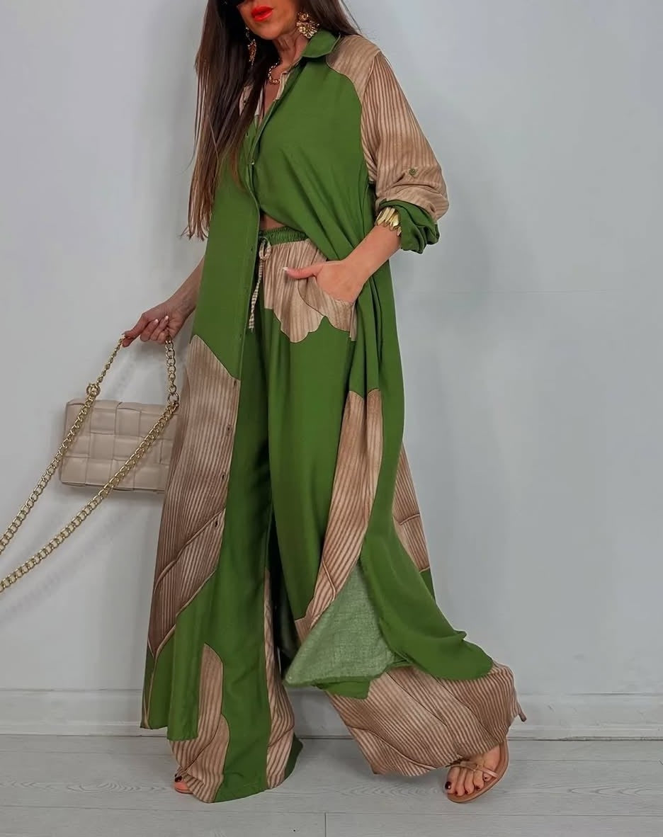 V-neck Patchwork Printed Top and Pants Commuting Casual Suit