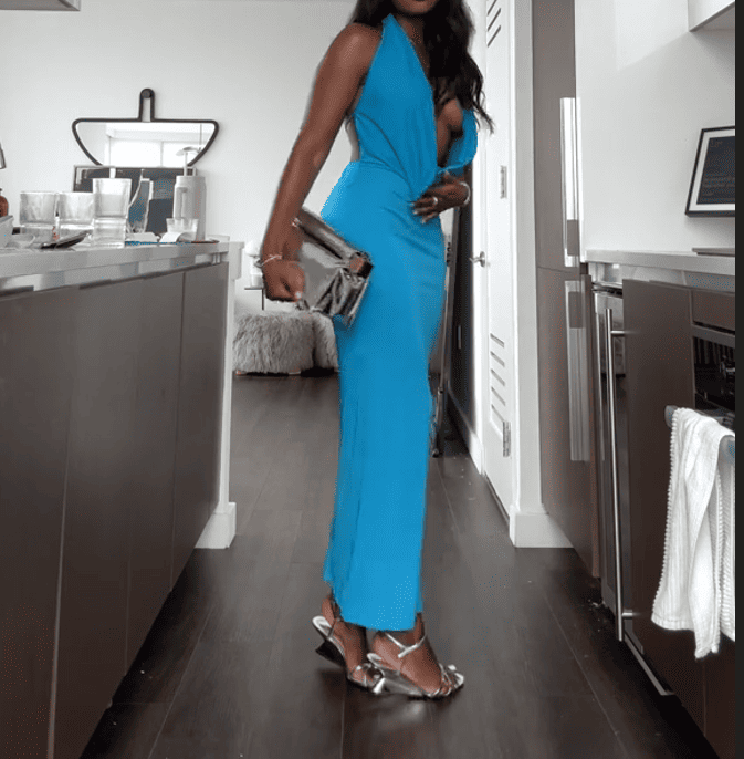 Extreme Cowl Neck Maxi Dress In Blue Slinky