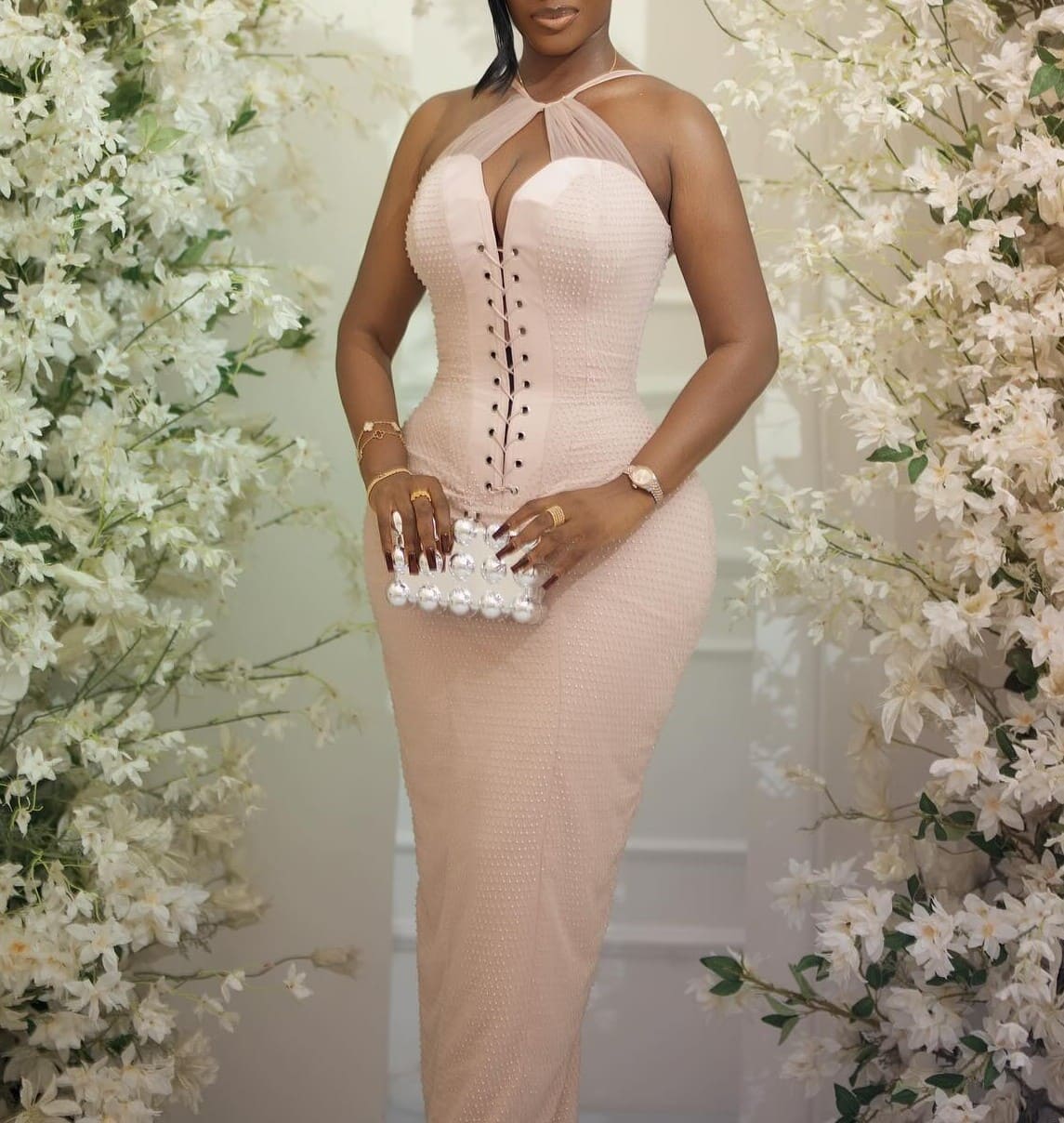 Elegant Lace Drawstring Maxi Dress
