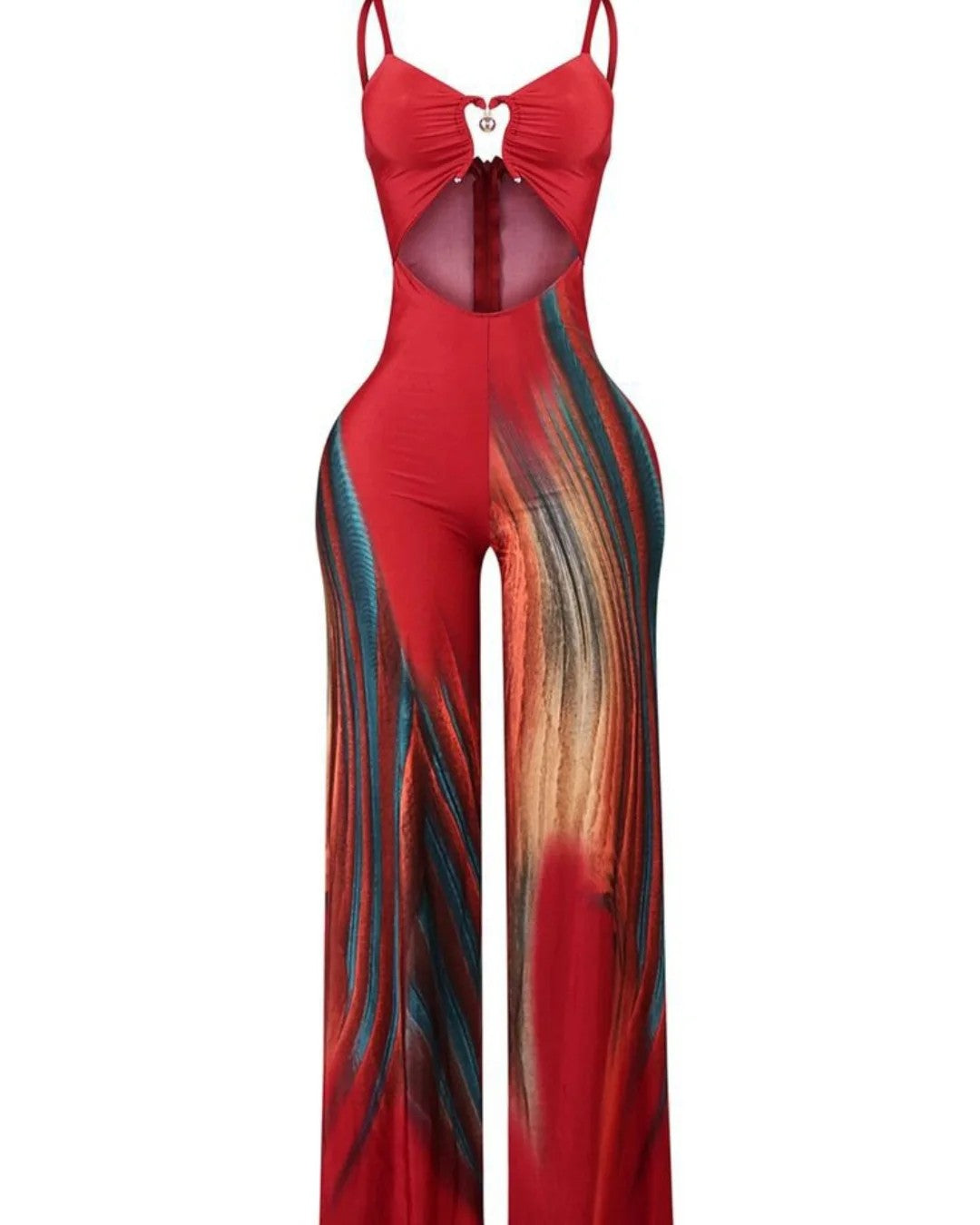 Printed suspender jumpsuit with metallic trim details