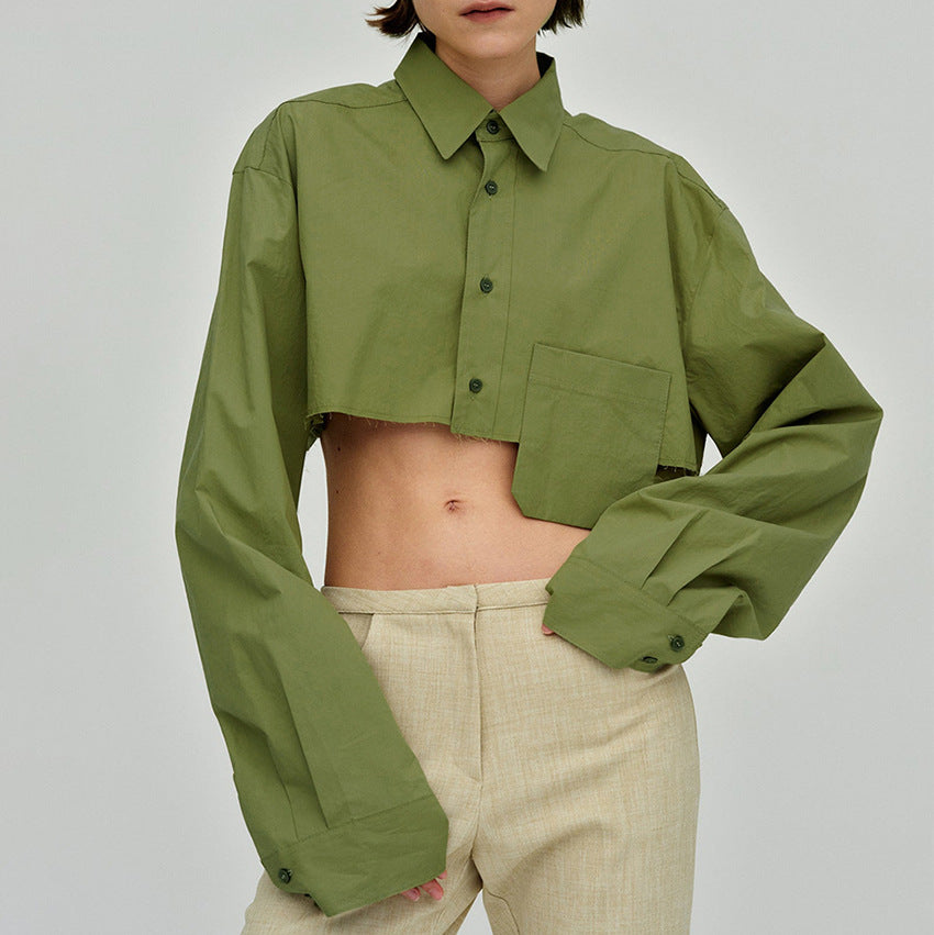Solid Color Cropped Shirt With Pockets