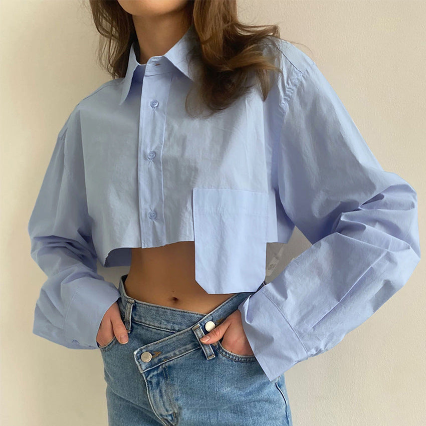 Solid Color Cropped Shirt With Pockets