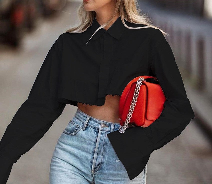 Solid Color Cropped Shirt With Pockets