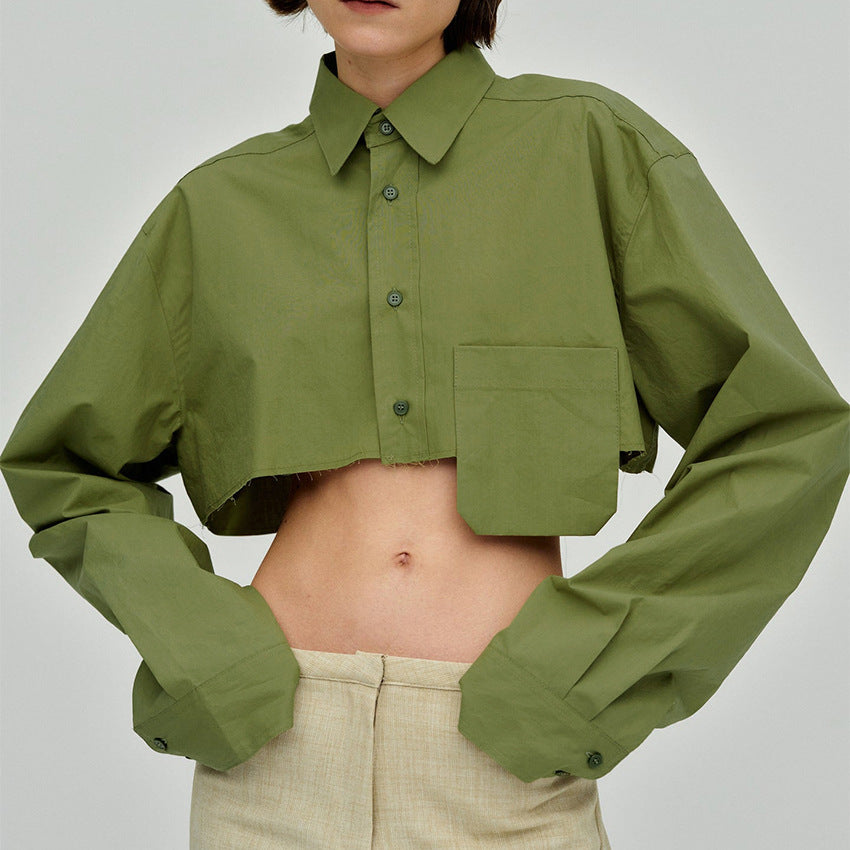 Solid Color Cropped Shirt With Pockets