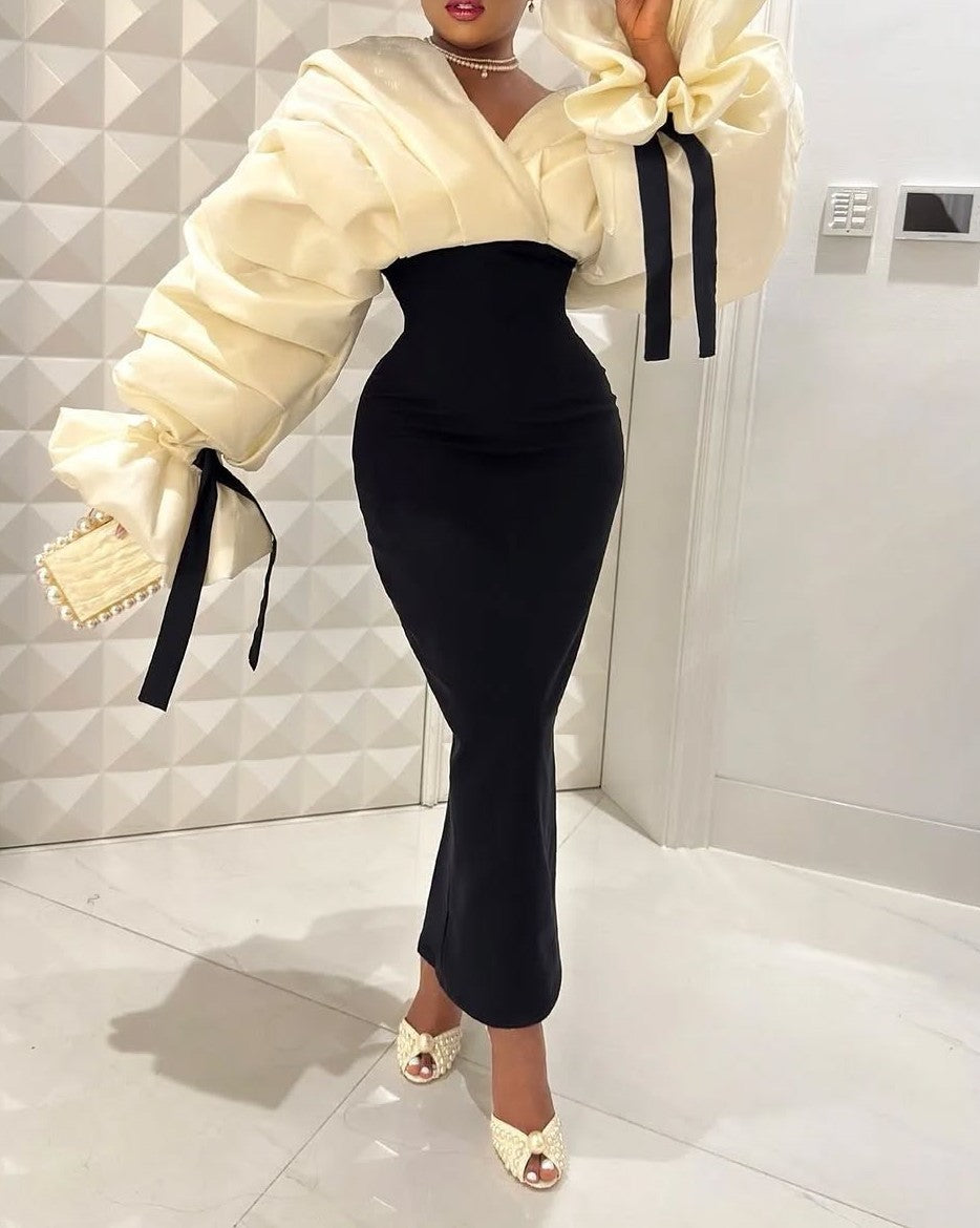 Elegant Pleated Sleeve Slit Hem Party Dress