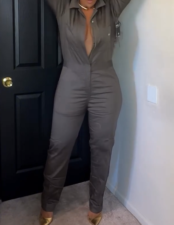 Long-sleeved Cargo Jumpsuit - Olive