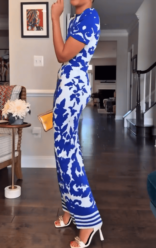 Blue Floral Round Neck Maxi Dress