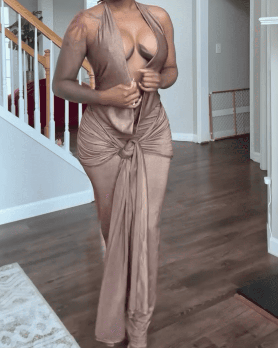 Plunge Drape Ruched Maxi Dress