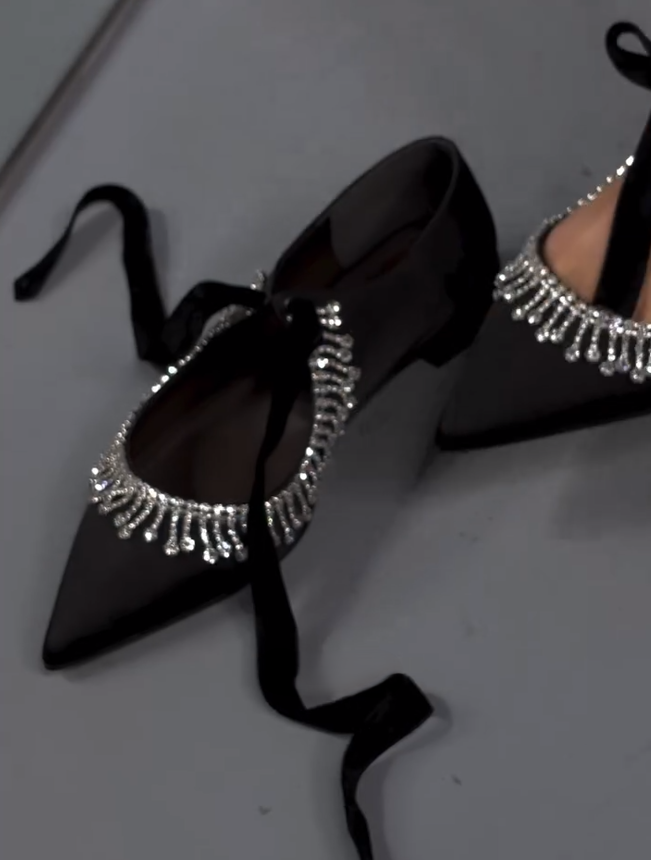 Silver Diamond Tassel Black Flats