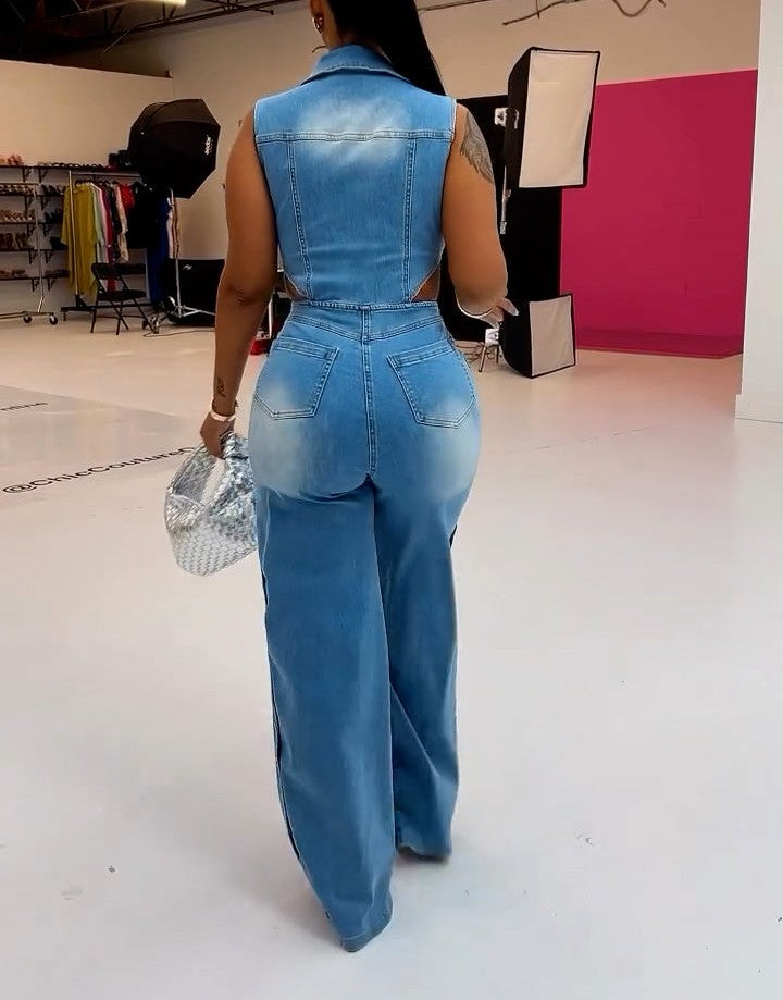 Sleeveless Waist Cutout Denim Button Jumpsuit