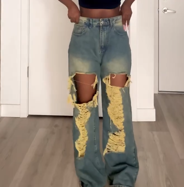 Vintage Wash Extreme Rip Straight Leg Jeans