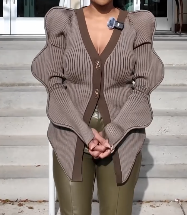 Wave Sleeve V-Neck Knitted Cardigan