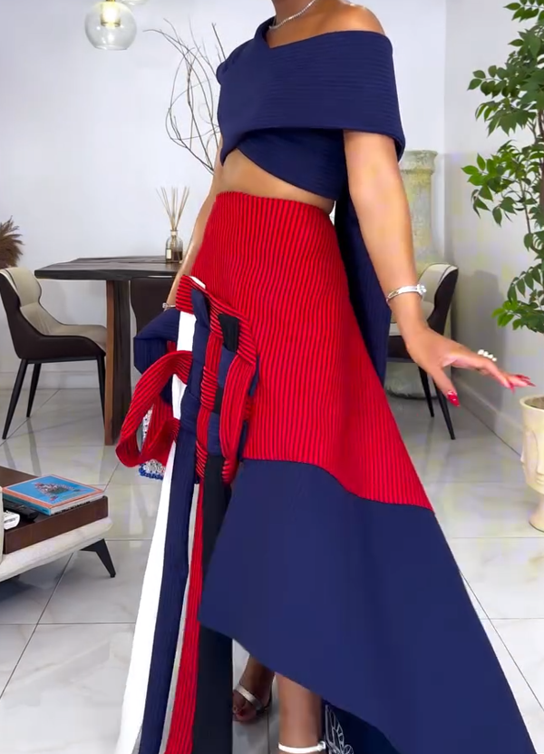 Fashionable knitted color-blocked top + skirt set