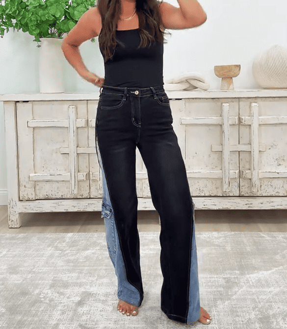 High-waisted Colorblock Cargo Jeans