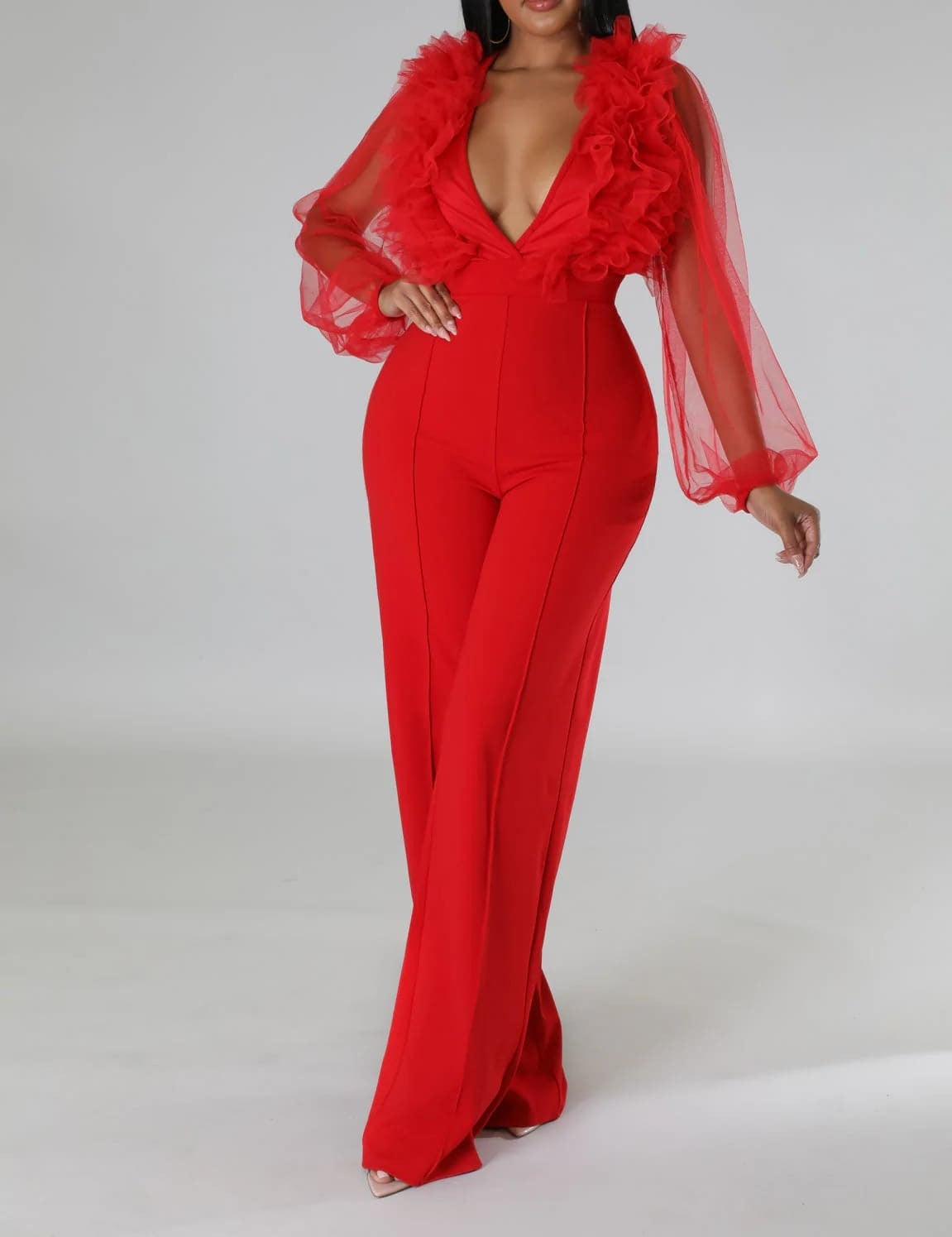 V Neck Sheer Sleeve Jumpsuit