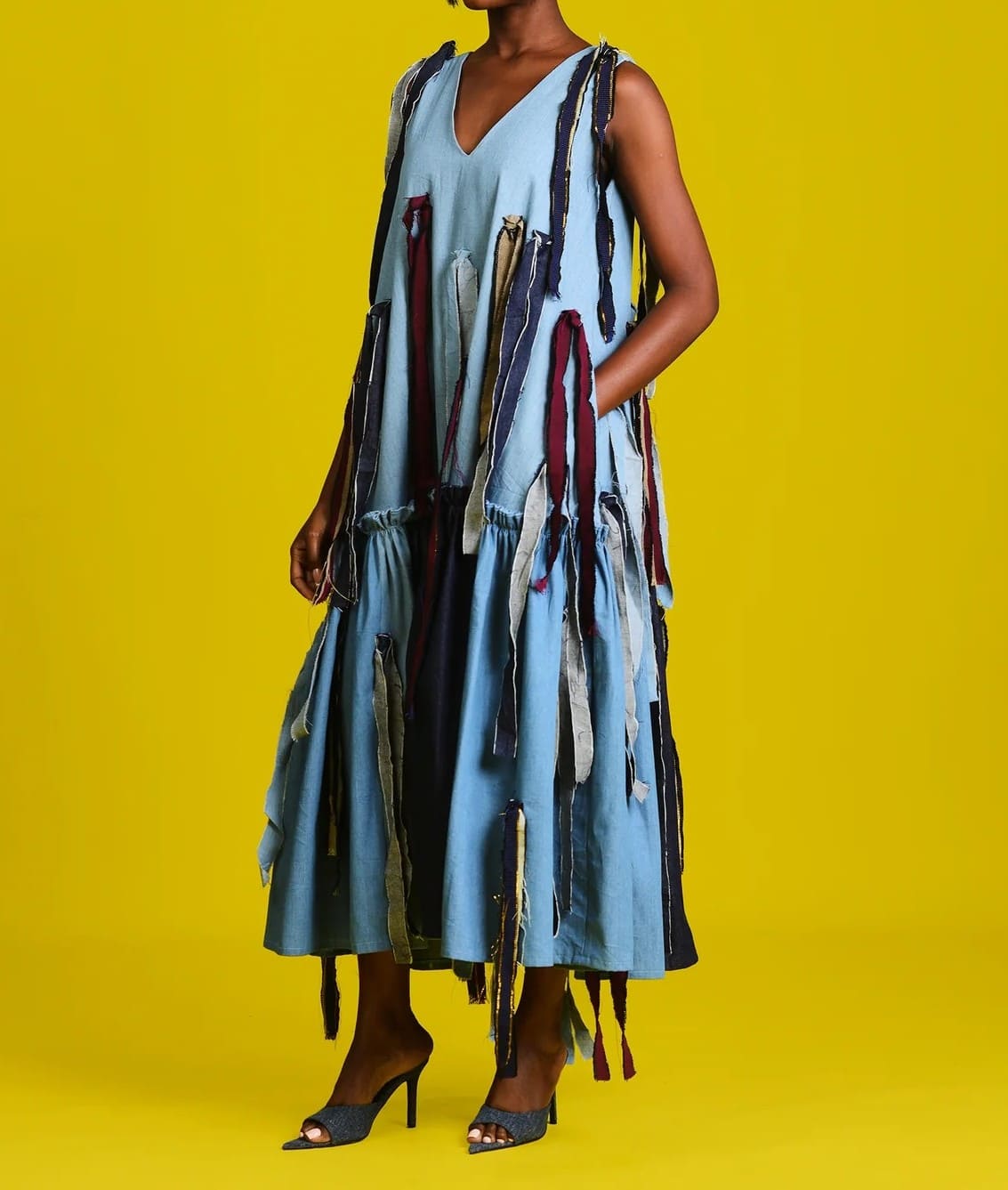 V-neck Sleeveless Denim Patchwork Dress