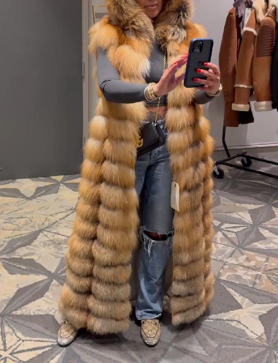 Long Red Fox Fur Vest With Hood(✔Free shipping)