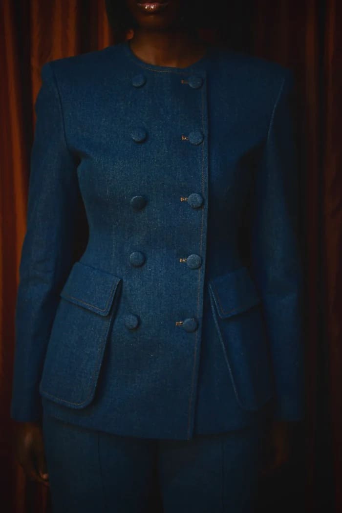 Double-breasted denim Suit Jacket & Flared Pants Set