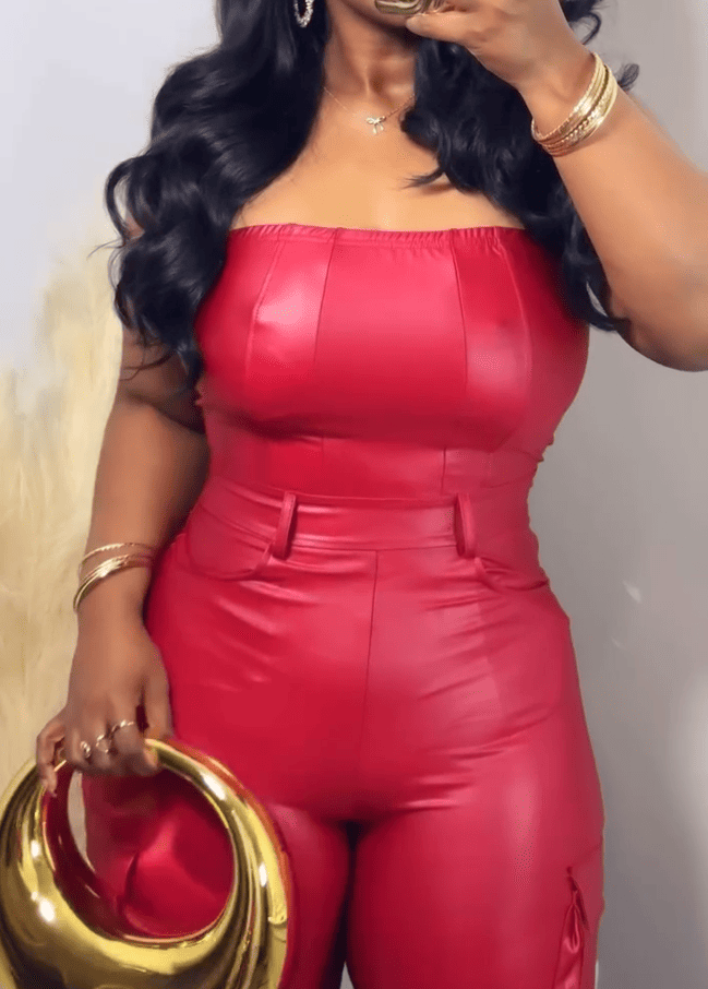 Faux Leather Jumpsuit - Red