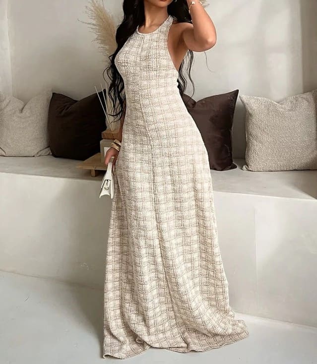 Taupe Tweed Maxi Dress