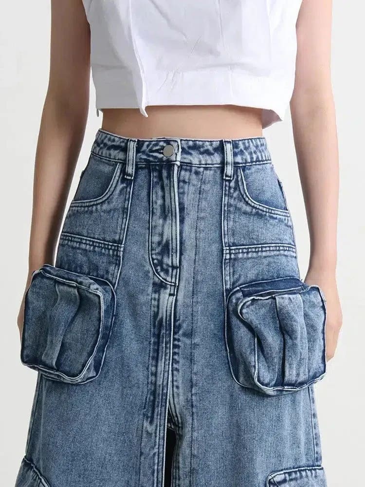 High Waisted Denim Cargo Maxi Skirt - Medium Wash