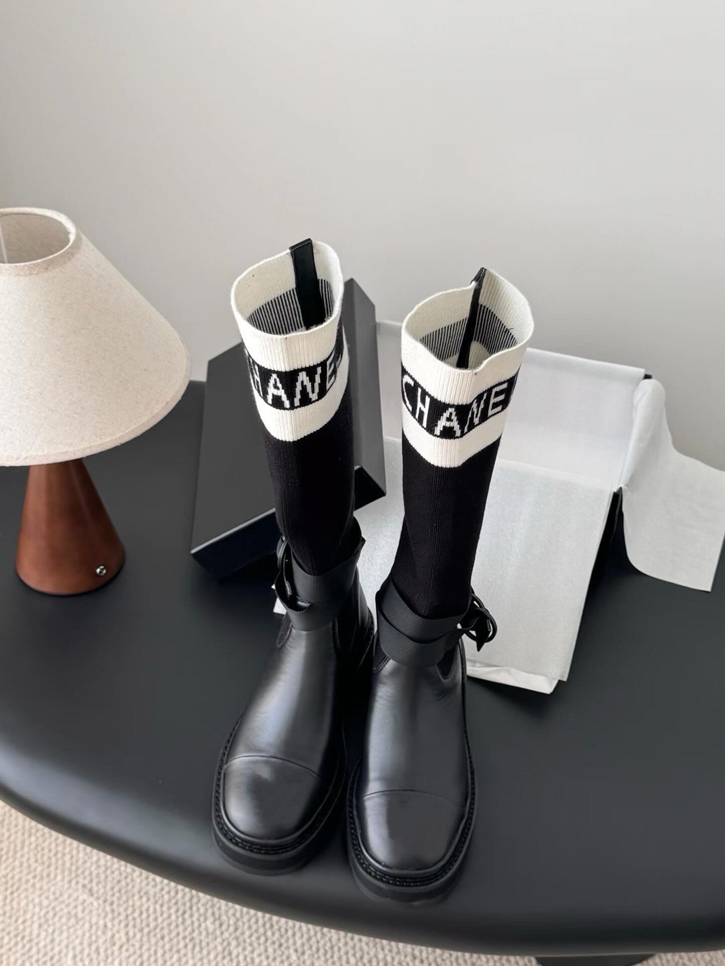 Black And White Technical Knit With Black Calfskin Boots