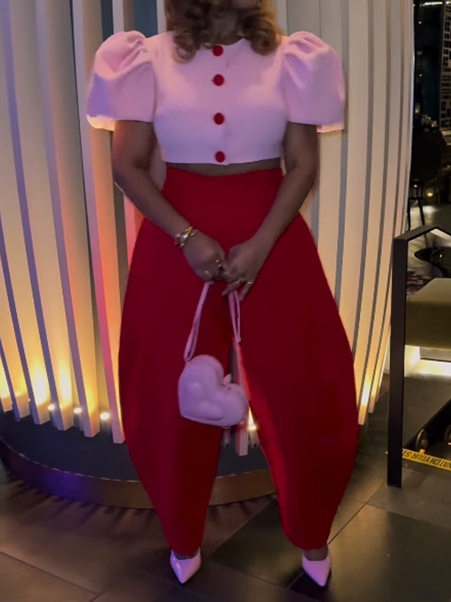 Fashion Puff Sleeve Two Pieces Set