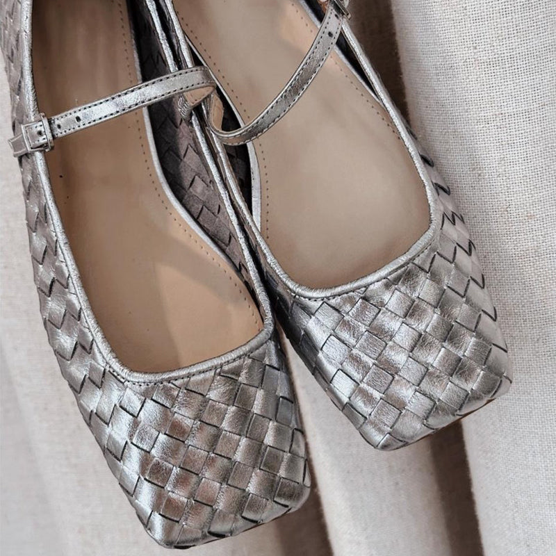 Woven Square-toe Shallow-mouth Flat Buckle Shoes