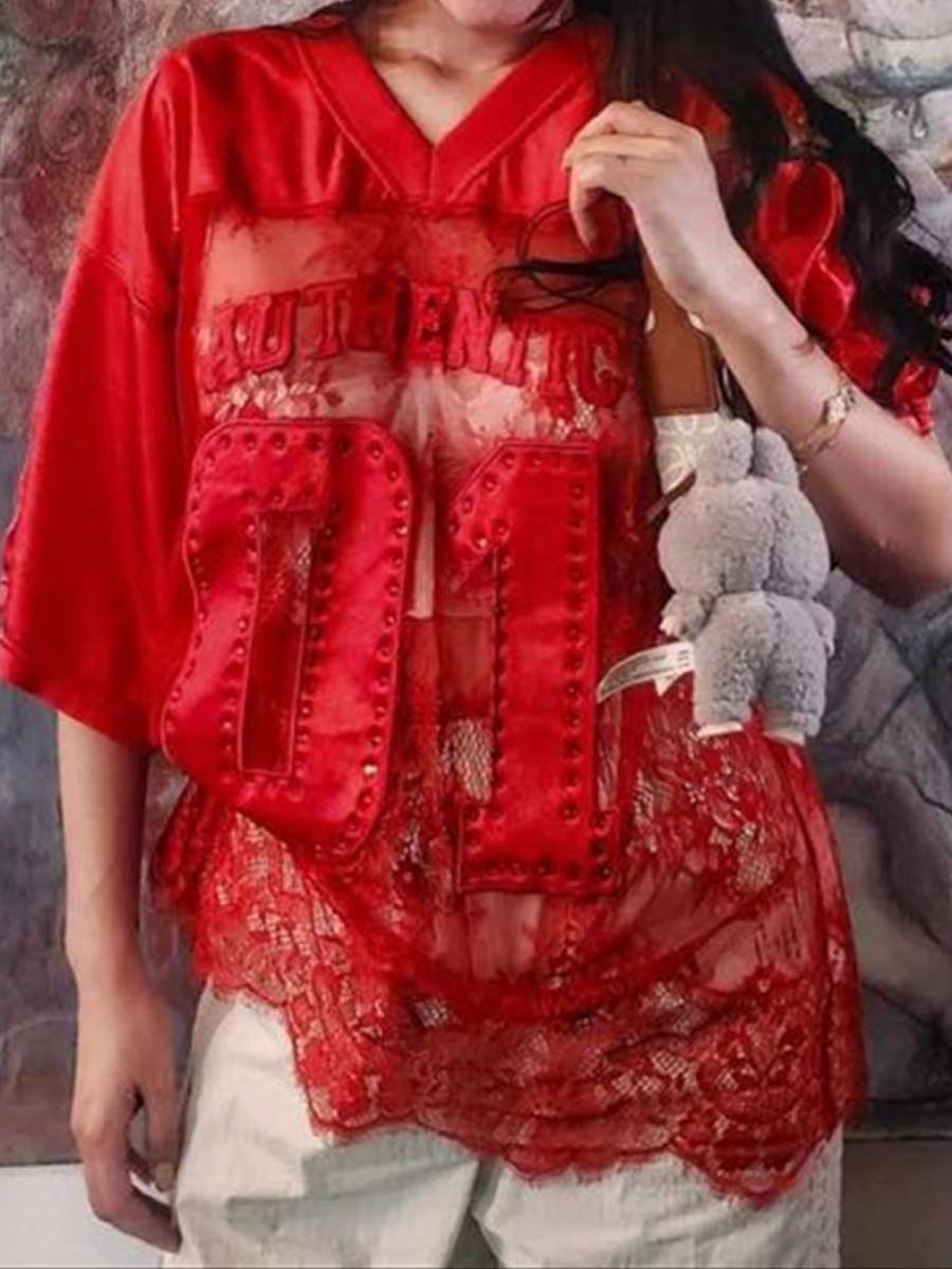 Printed Loose Casual Sexy Lace Patchwork T-shirt