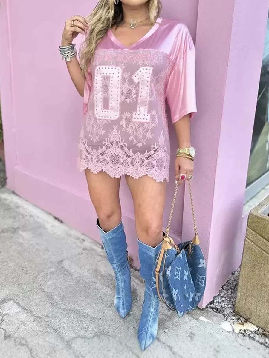 Printed Loose Casual Sexy Lace Patchwork T-shirt
