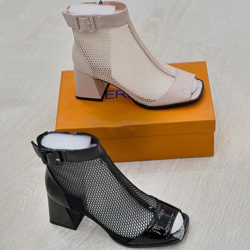 Thick-Heeled Fishmouth Mesh Ankle Boots