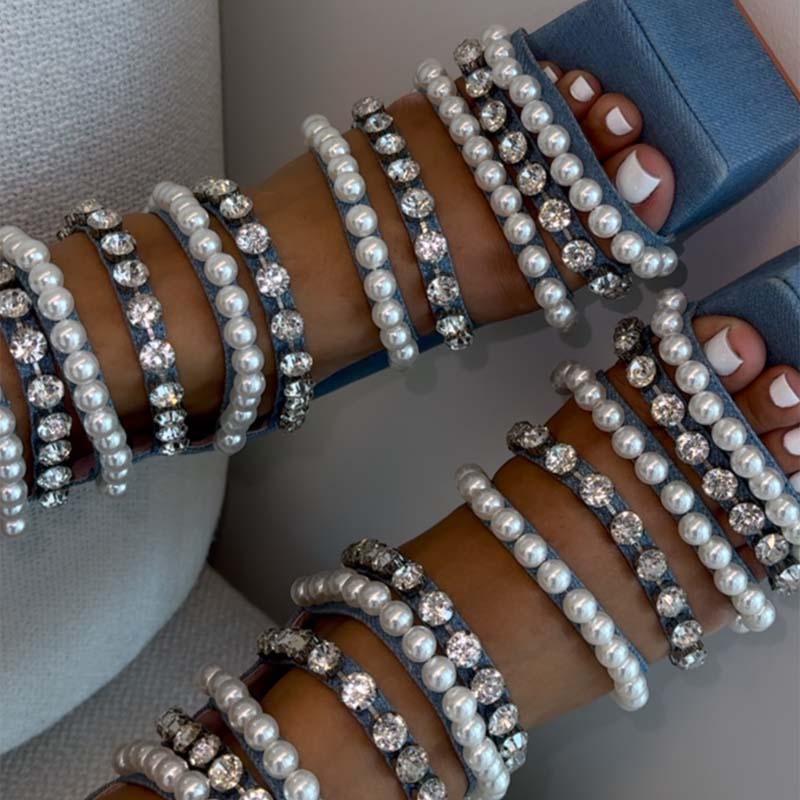 Denim Pearls Thick Heeled Sandals