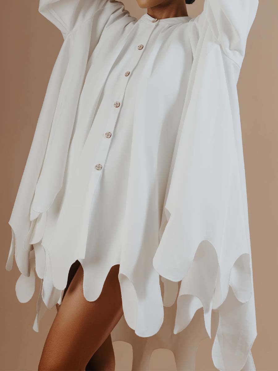 Puffy Sleeve Cut-out Fringed Hem Dress