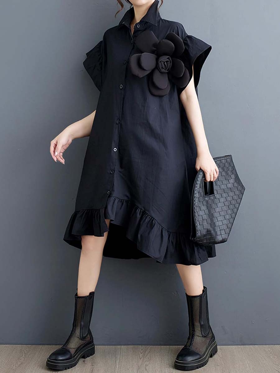 Loose Flounced 3D Flower Shirt Dress