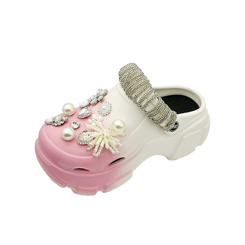 Pearl Rhinestone Chain Platform Hole Shoes Slippers