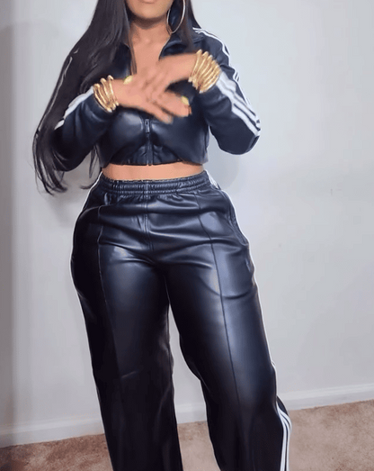 Hot Sale 🔥Vintage Faux Leather Jacket Long Pants 2pc Set