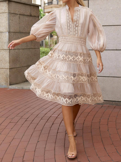 Elegant Lantern Sleeve Holiday Lace Dress