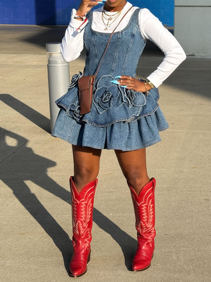 Adorable Flower Denim Dress