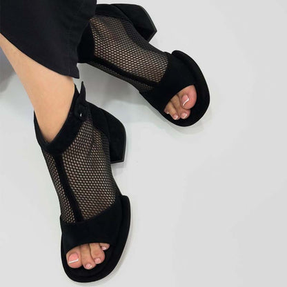Gauze-Rear Zip Square-Heeled Roman Sandals
