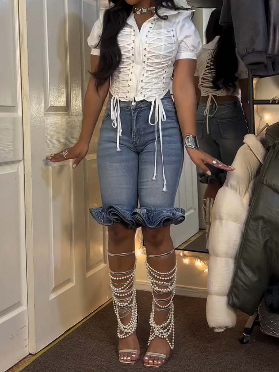 Layered Ruffled Denim Short