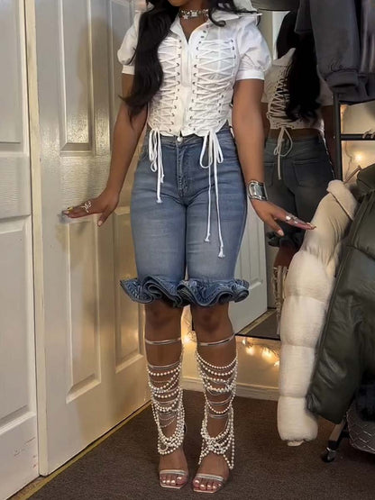 Layered Ruffled Denim Short