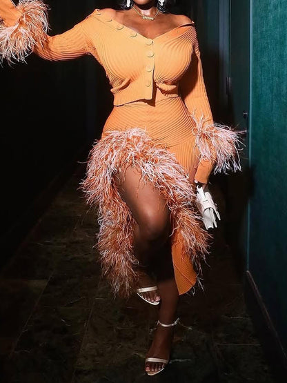 Feathered-cuff Knitted Two Pieces Dress