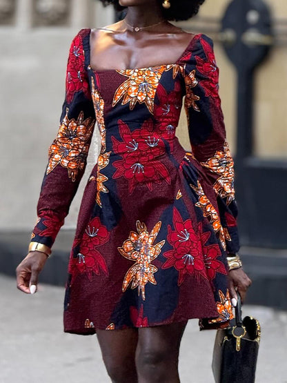 Square Collar Printed Mini Dress