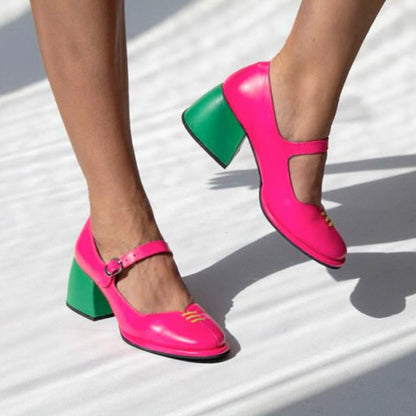 Color Block Thick-Heeled Mary Jane Shoes