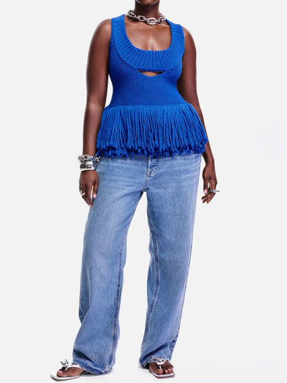 Knitted Fringed Cutout Two Pieces Dress