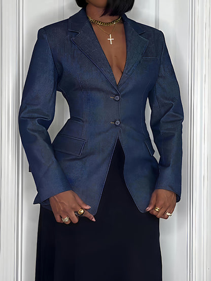 Darted Waist Notch Lapels Denim Blazer