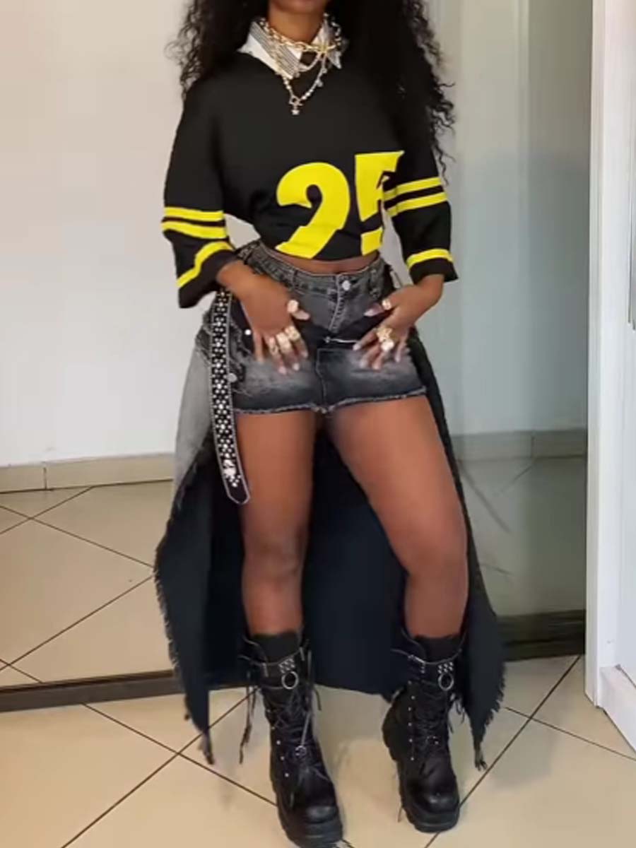 Washed Distressed Denim Dlit Faux Two-piece Skirt