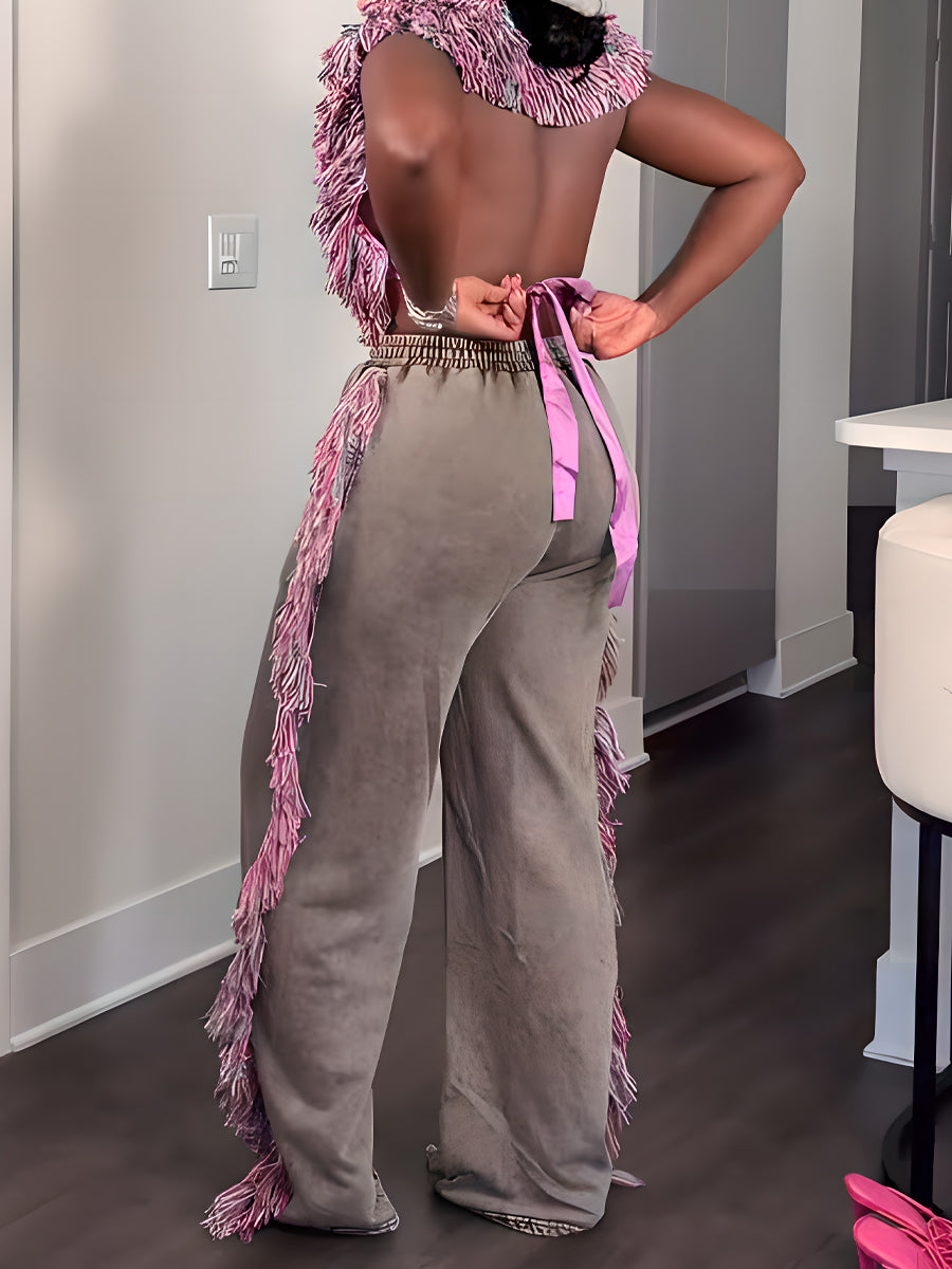 Deep V Neck Fringed Two Pieces Set